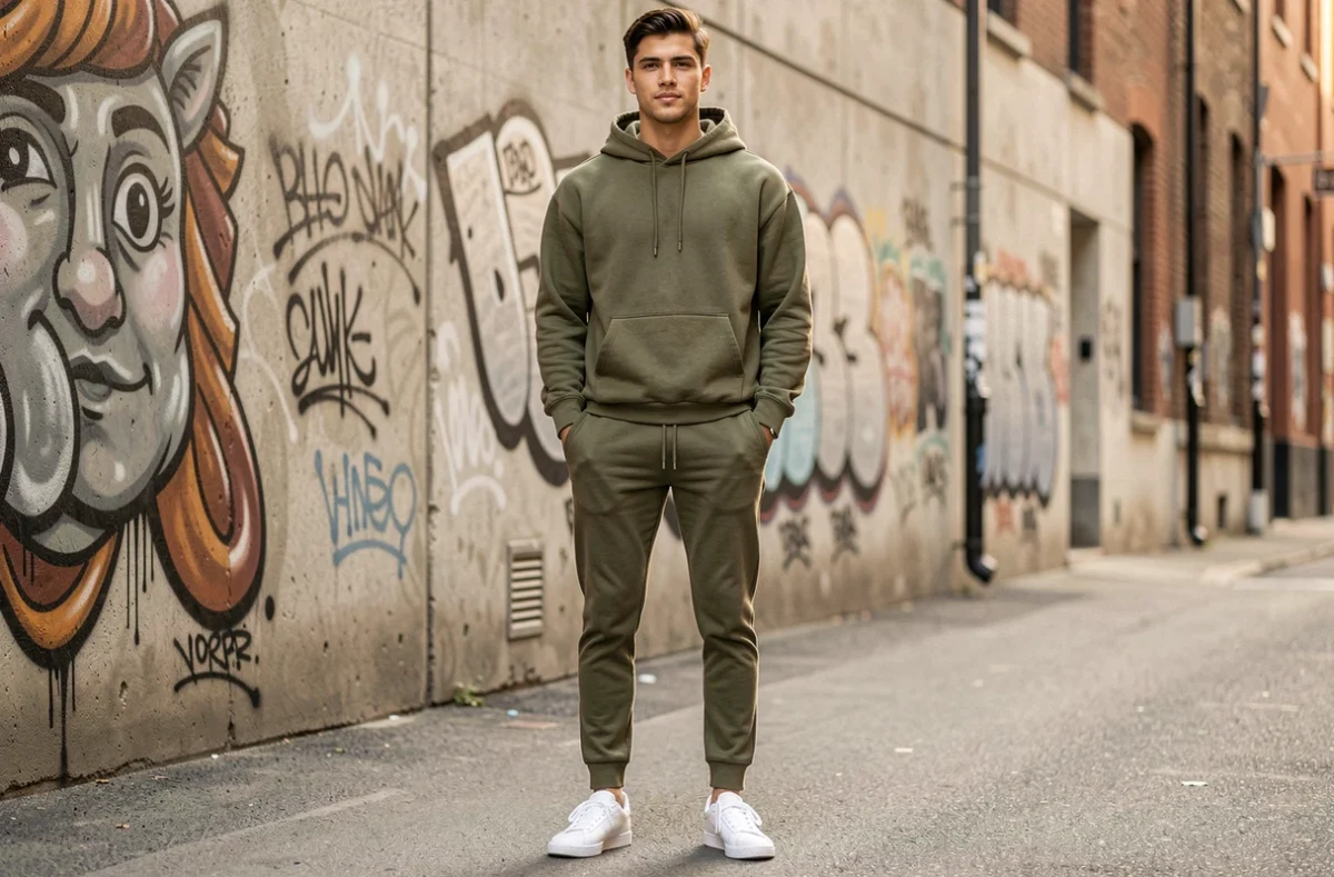 Jeune homme de petite taille portant une tenue streetwear monochrome bien ajustée dans une ruelle urbaine, style drip adapté aux petits gabarits