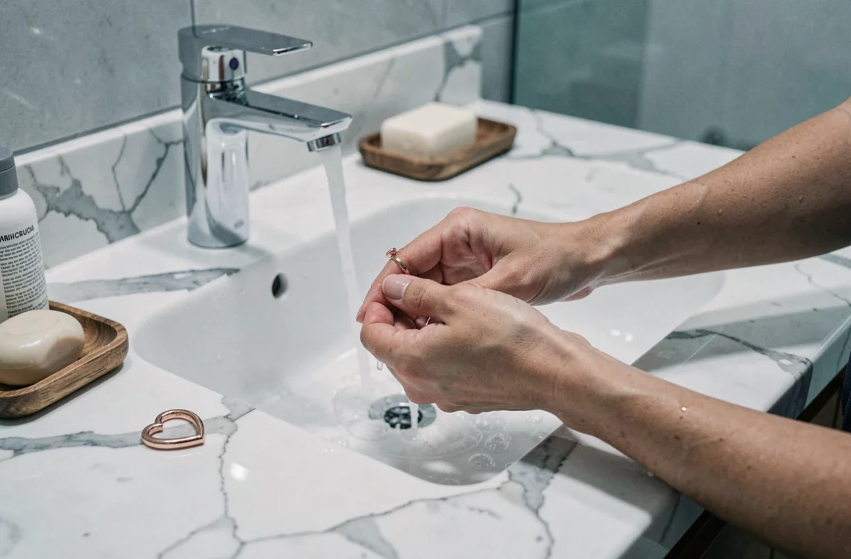Femme retirant sa bague cœur magnétique or rose avant de se laver les mains au-dessus d'un lavabo en céramique blanche pour préserver le bijou