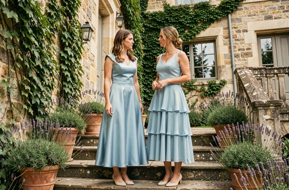 Deux demoiselles d'honneur en robes bleues pastel de styles différents comparant leurs tenues sur les marches d'un château