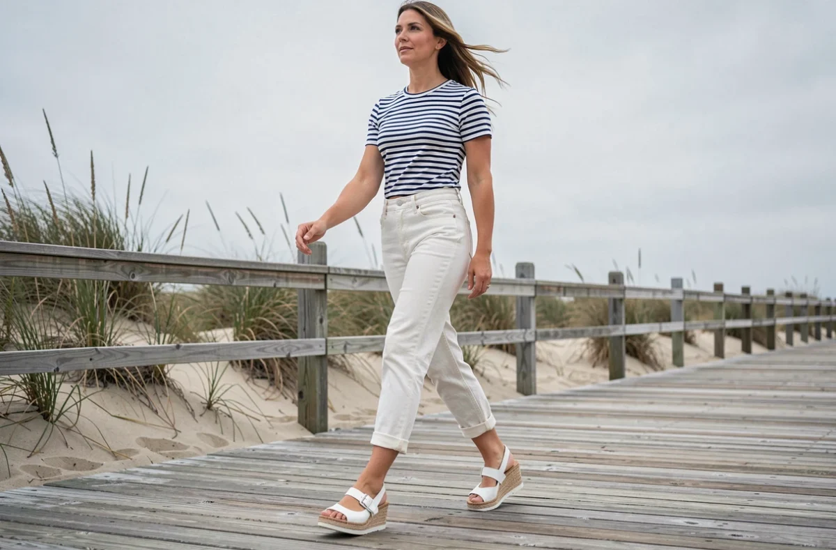 Femme en marinière rayée et espadrilles compensées en liège marchant sur une promenade en bois au bord de la mer