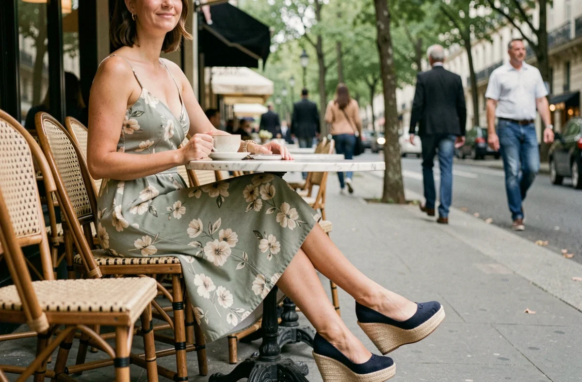 Femme en robe fleurie portant des espadrilles compensées en toile marine attablée à une terrasse de café parisienne
