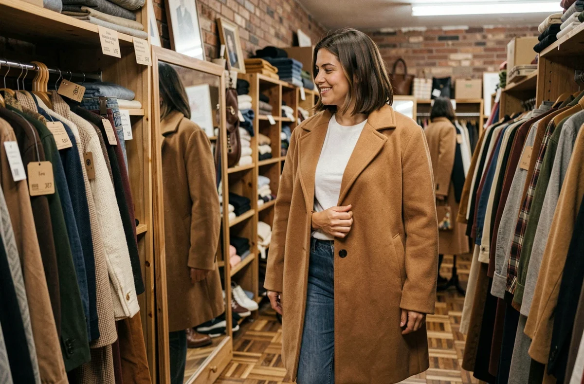 Femme essayant un manteau vintage pas cher dans une friperie avec miroir et étagères de vêtements d'occasion