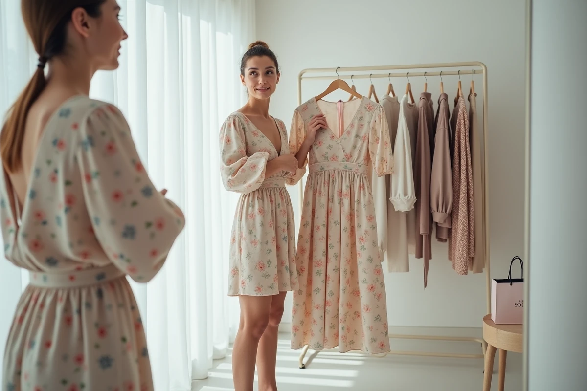 Femme évaluant une robe de la boutique Lucie Roussel dans un dressing moderne, expérience shopping en 2026