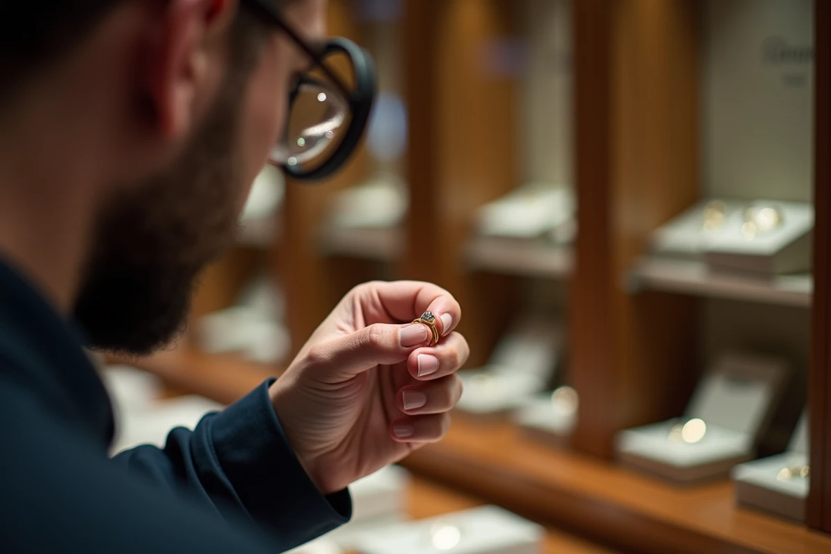 Expert bijoutier examinant une bague Cartier Love homme authentique en or avec une loupe dans une boutique de joaillerie professionnelle