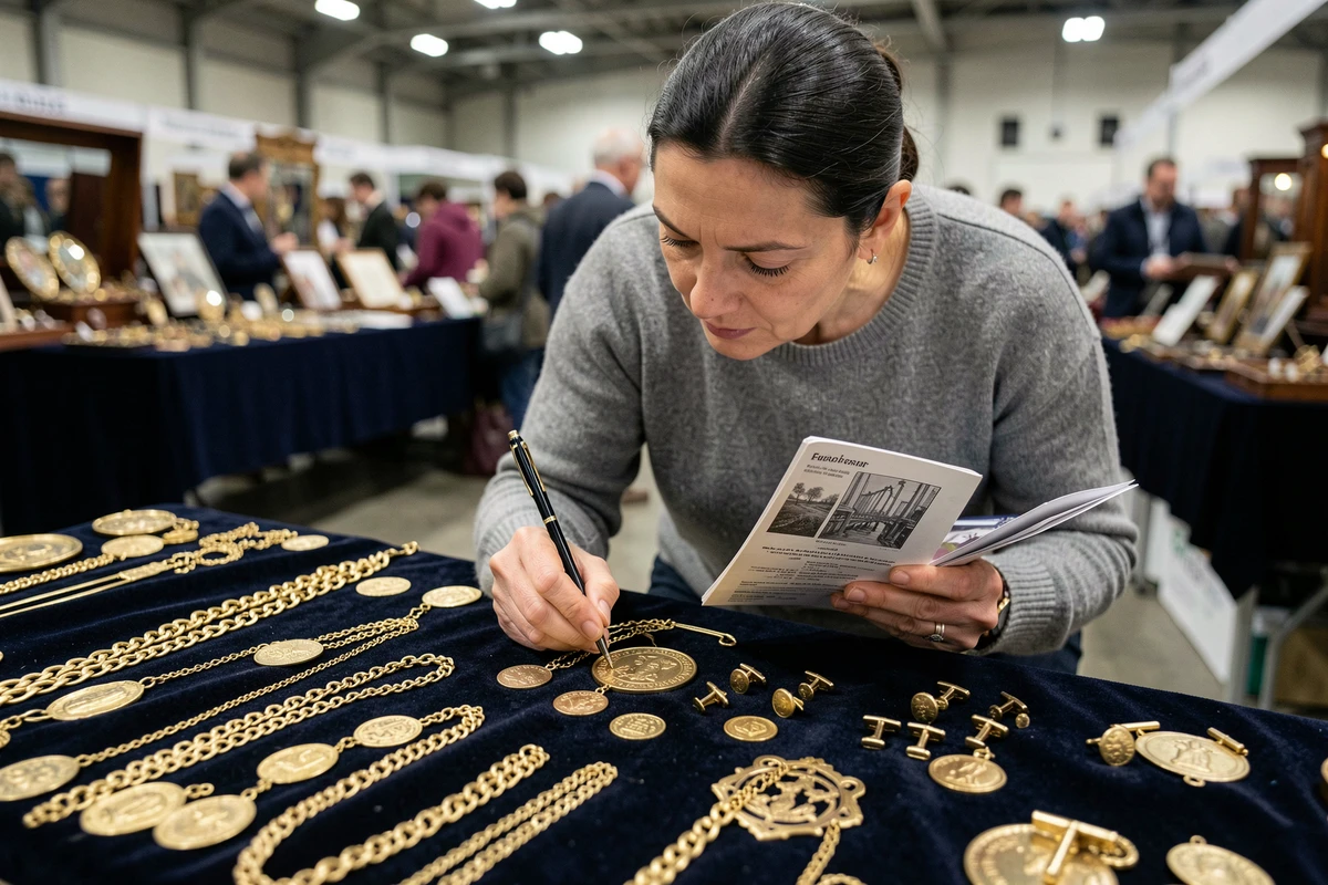 Femme experte identifiant les poinçons sur des bijoux en or lors d'un salon d'antiquités