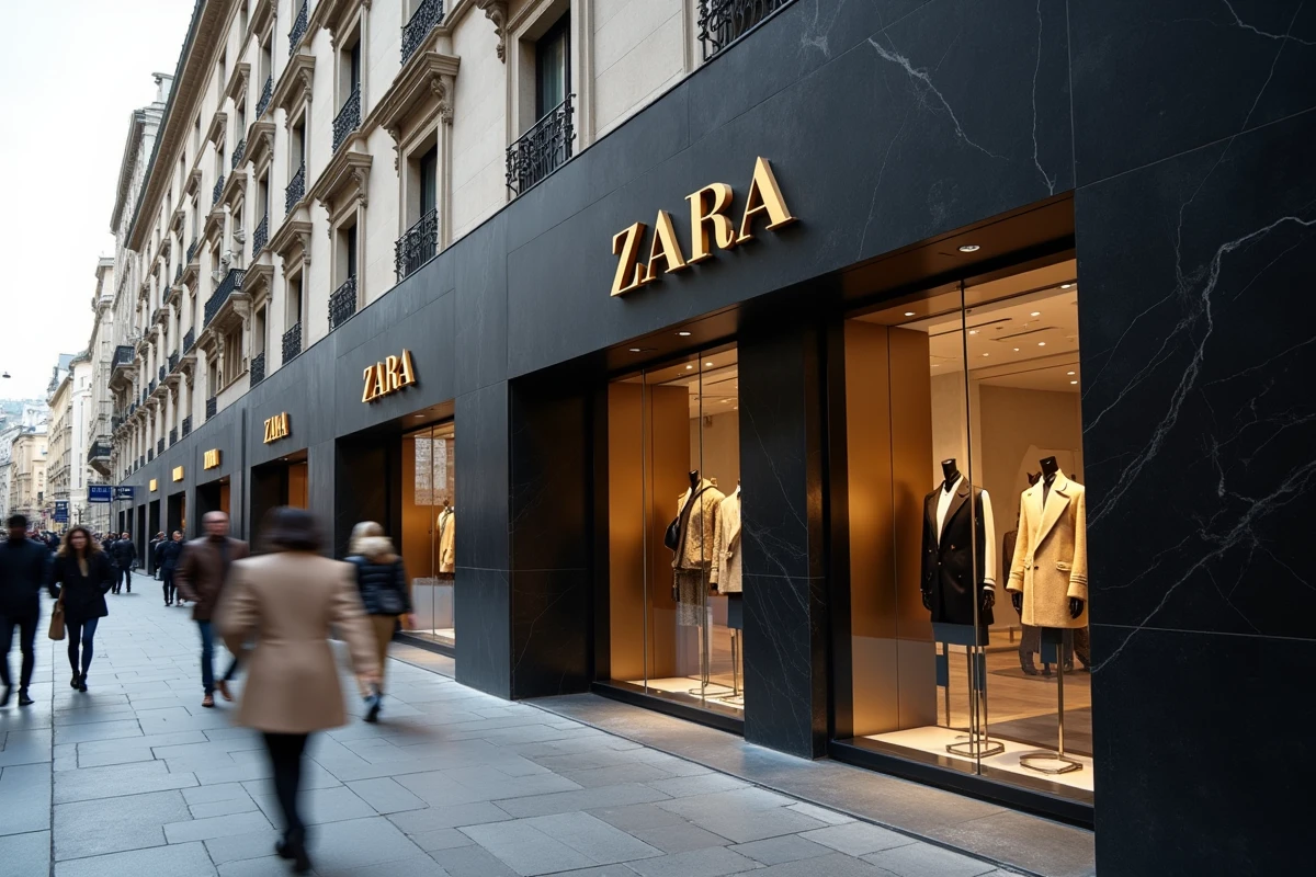 Façade élégante d'un magasin Zara sur une grande avenue européenne, reflets dans les vitrines et passants anonymes, illustrant l'empire discret de la marque Inditex