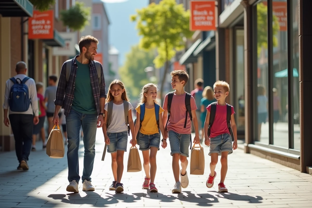 Famille d enfants avec sacs à dos dans la rue en promo rentrée