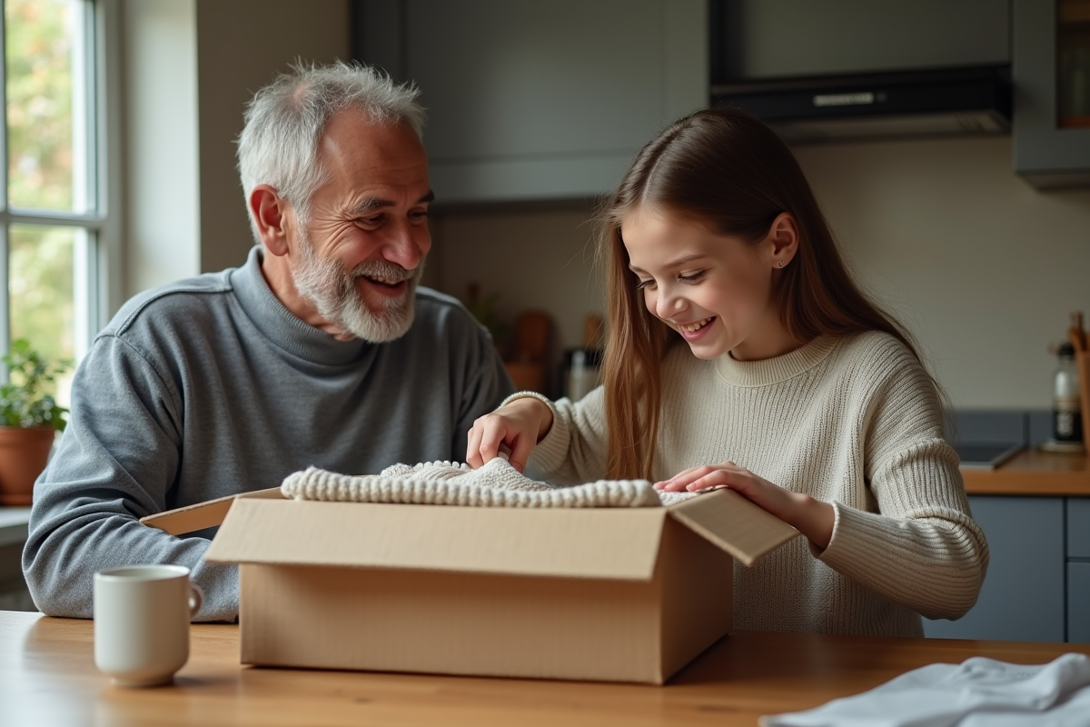 Père et fille déballant des vêtements en famille à la maison