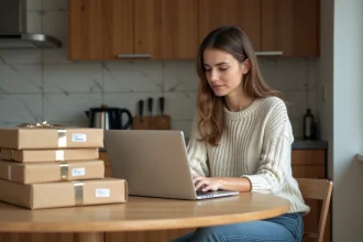 Jeune femme vérifiant ses colis dans une cuisine chaleureuse