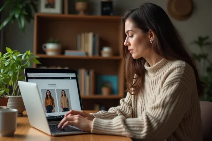 Femme consultant la boutique Lucie Roussel sur son ordinateur portable depuis un bureau à domicile en 2026