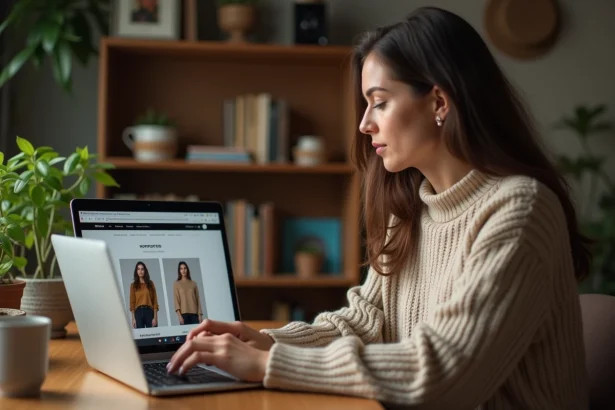 Femme consultant la boutique Lucie Roussel sur son ordinateur portable depuis un bureau à domicile en 2026