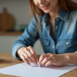 Jeune femme en denim en train d'enrouler un papier autour de son doigt