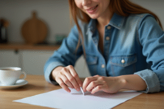 Jeune femme en denim en train d'enrouler un papier autour de son doigt