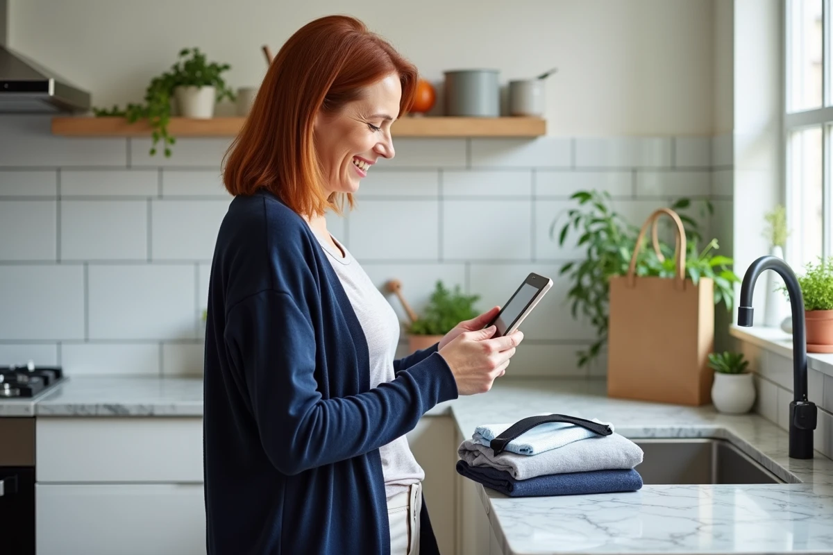 Femme consultant l'application Kiabi sur une tablette pour profiter de promotions et bons de réduction sur des vêtements