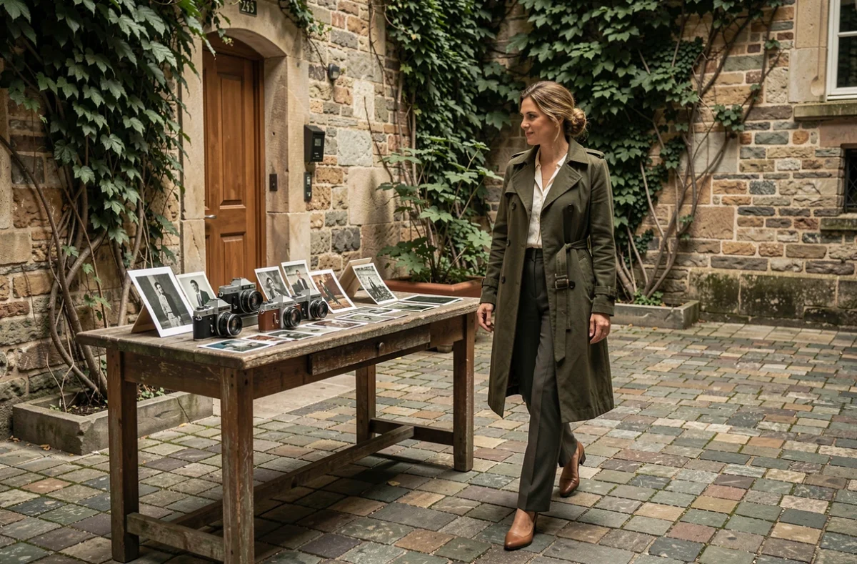 Femme en trench coat explorant des photographies vintage dans une cour pavée européenne, archives personnelles et vie privée