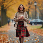 Femme élégante dans un parc automnal avec jupe en laine et pull taupe