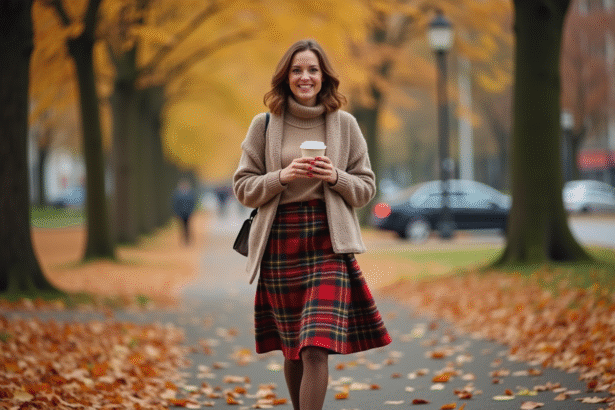 Femme élégante dans un parc automnal avec jupe en laine et pull taupe