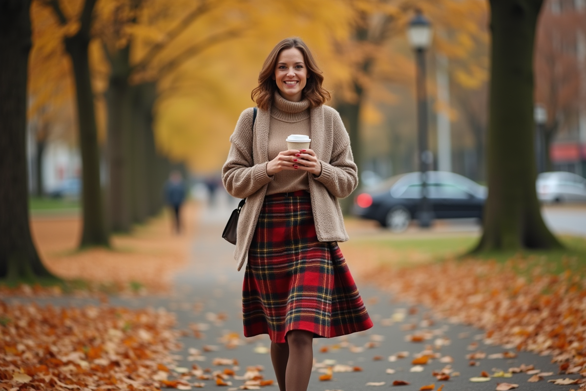 Femme élégante dans un parc automnal avec jupe en laine et pull taupe