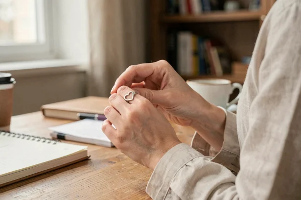 Femme portant une bague cœur magnétique argentée au quotidien à son bureau, ajustement délicat de la bague avec les mains soignées