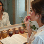 Femme appliquant du lipstick dans une salle de bain moderne