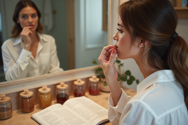Femme appliquant du lipstick dans une salle de bain moderne