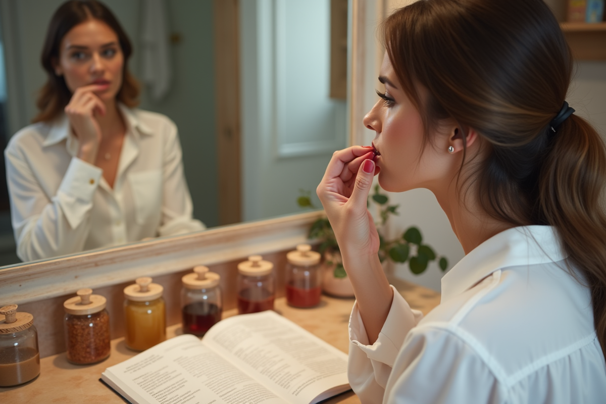 Femme appliquant du lipstick dans une salle de bain moderne