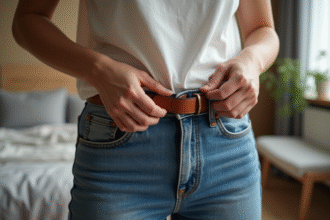 Jeune femme ajustant une ceinture en cuir dans sa chambre moderne