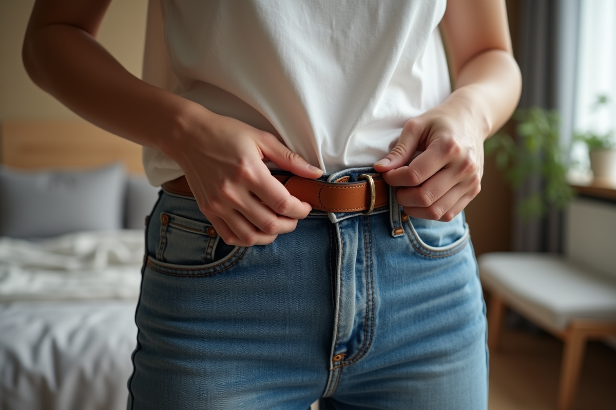 Jeune femme ajustant une ceinture en cuir dans sa chambre moderne