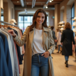 Femme élégante en boutique mode à Paris