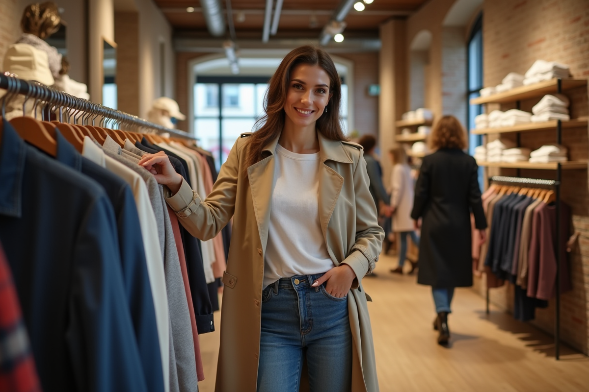 Femme élégante en boutique mode à Paris