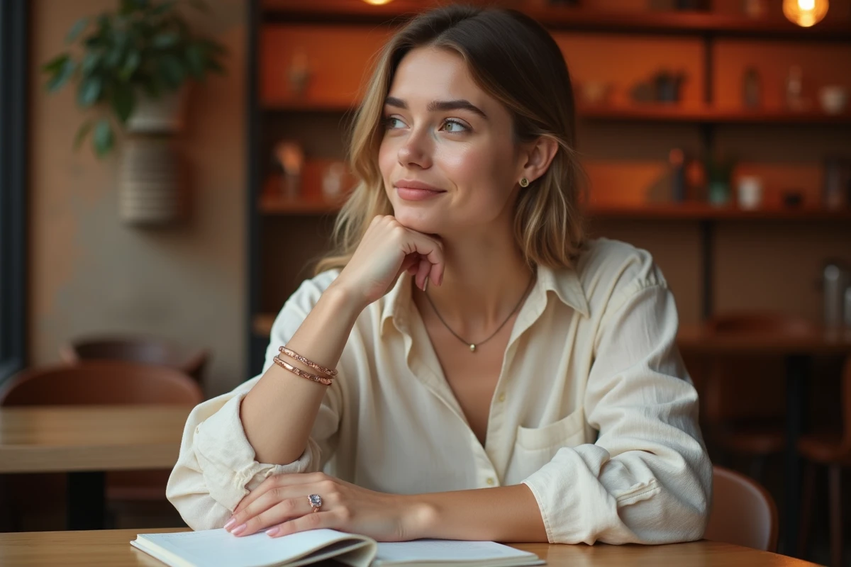 Jeune femme au café avec bracelet en commun en or rose et bague de fiançailles vintage au poignet