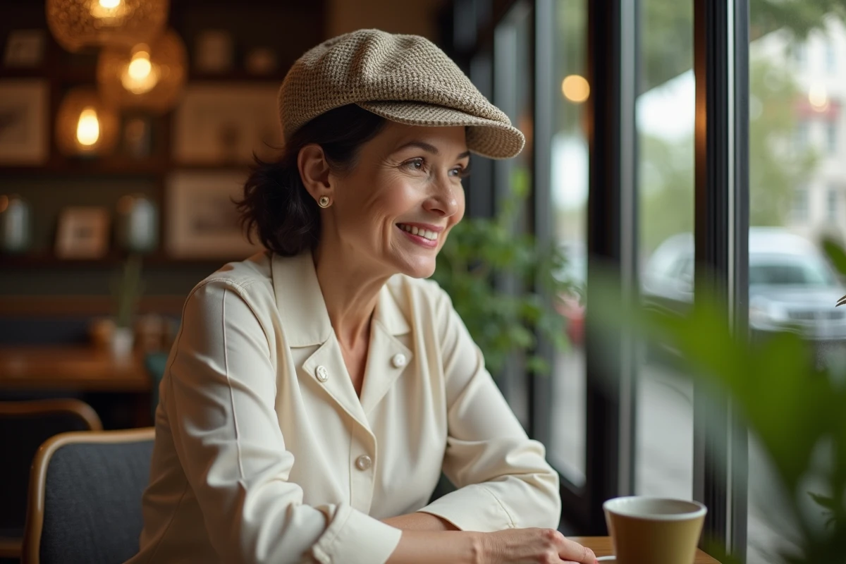 Femme mature avec casquette dans un café cosy