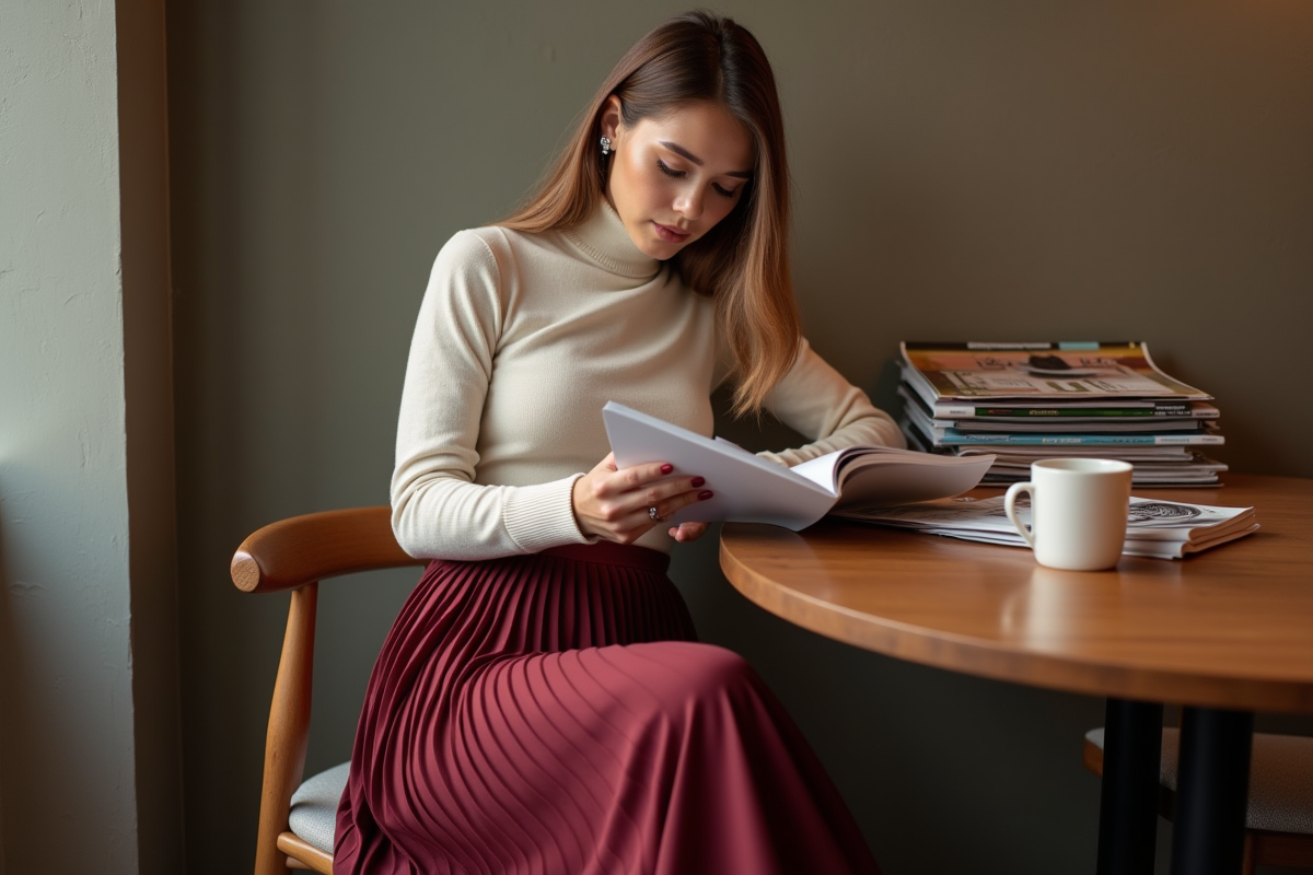Jeune femme dans un café regardant un lookbook automnal