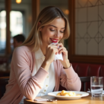 Femme souriante avec rouge à lèvres rouge dans un café parisien