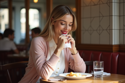 Femme souriante avec rouge à lèvres rouge dans un café parisien