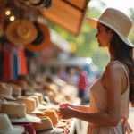 Femme essayant des chapeaux colorés dans un marché en plein air