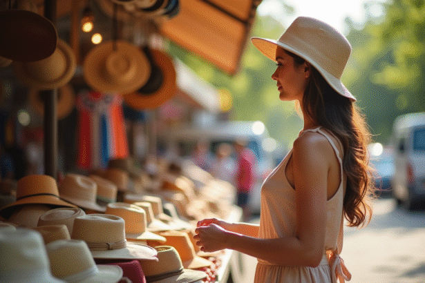 Femme essayant des chapeaux colorés dans un marché en plein air