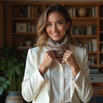 Femme élégante ajustant un foulard en satin dans un appartement parisien