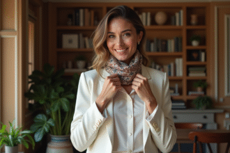 Femme élégante ajustant un foulard en satin dans un appartement parisien