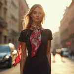Femme élégante dans une rue urbaine ensoleillée portant un foulard coloré