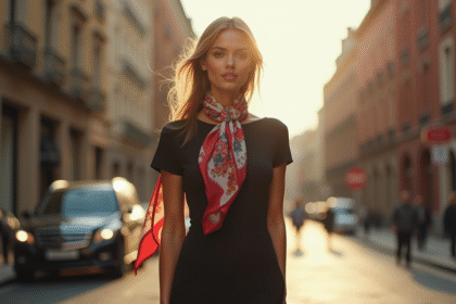 Femme élégante dans une rue urbaine ensoleillée portant un foulard coloré