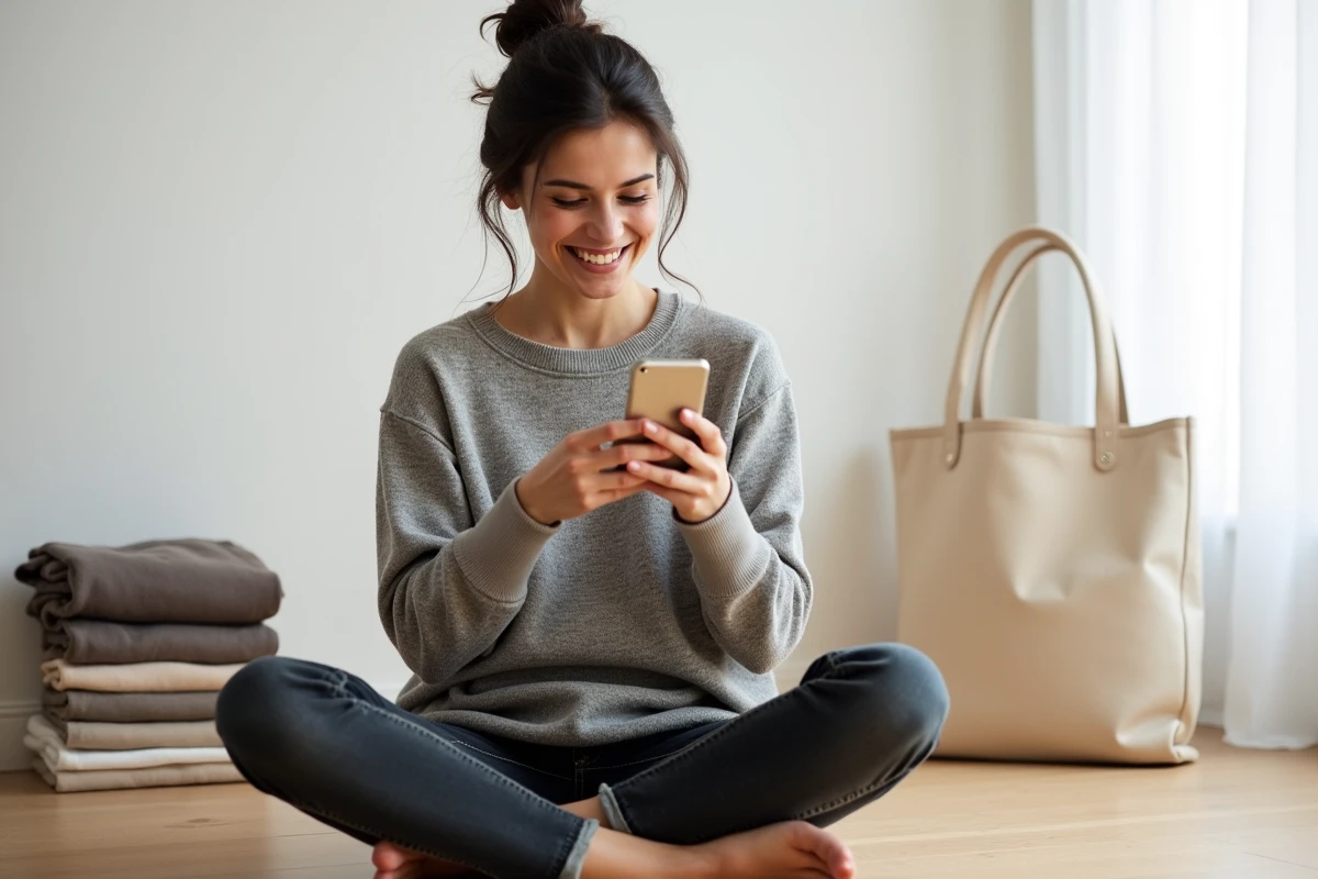 Femme utilisant un code promo Kiabi sur son smartphone pour faire des économies sur ses achats de vêtements en ligne