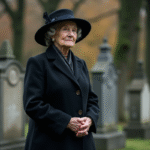 Femme âgée en manteau noir au cimetière