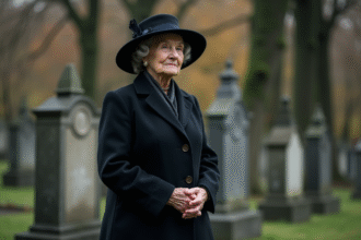 Femme âgée en manteau noir au cimetière