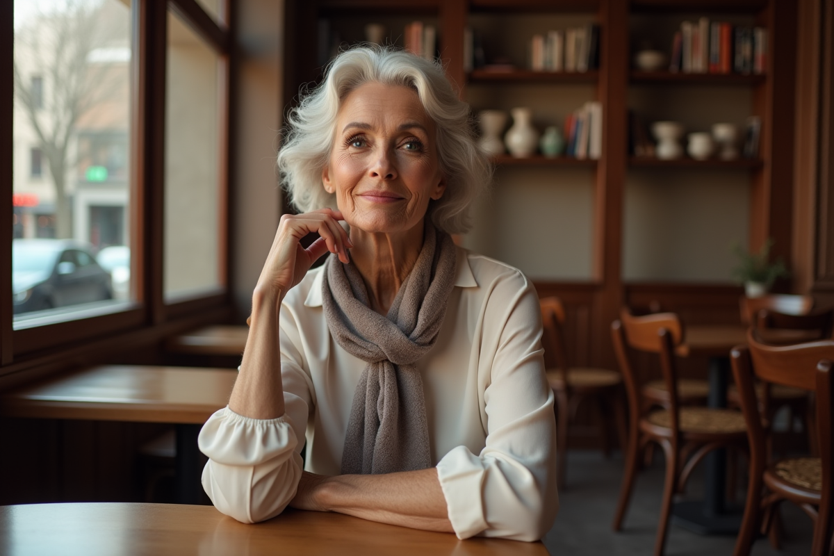 Femme élégante assise dans un café chaleureux