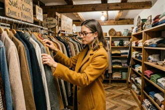 Femme parcourant les portants d'une friperie vintage à Strasbourg, ambiance chaleureuse et décor alsacien authentique