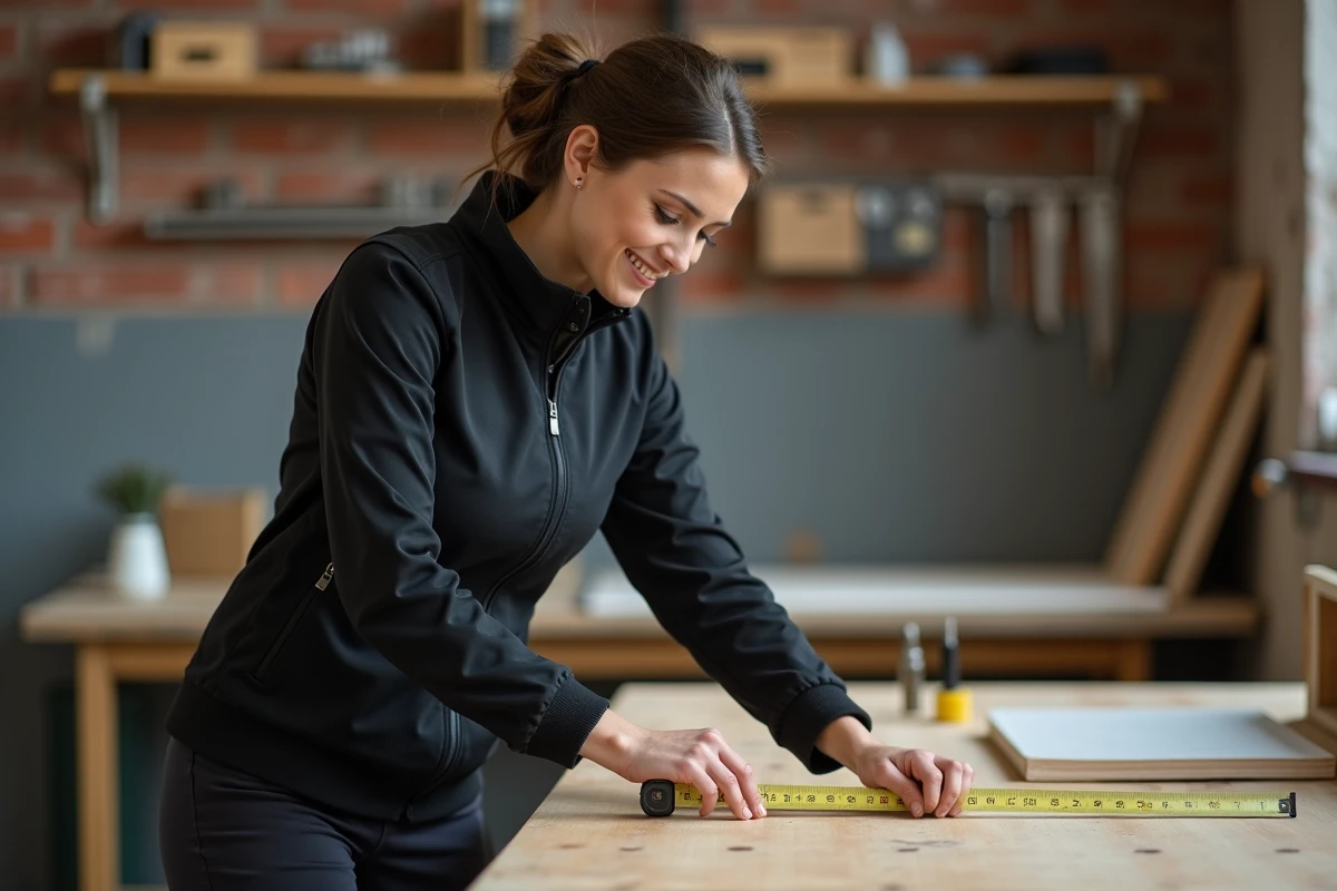 Femme en softshell noir ajustant un mètre dans un atelier