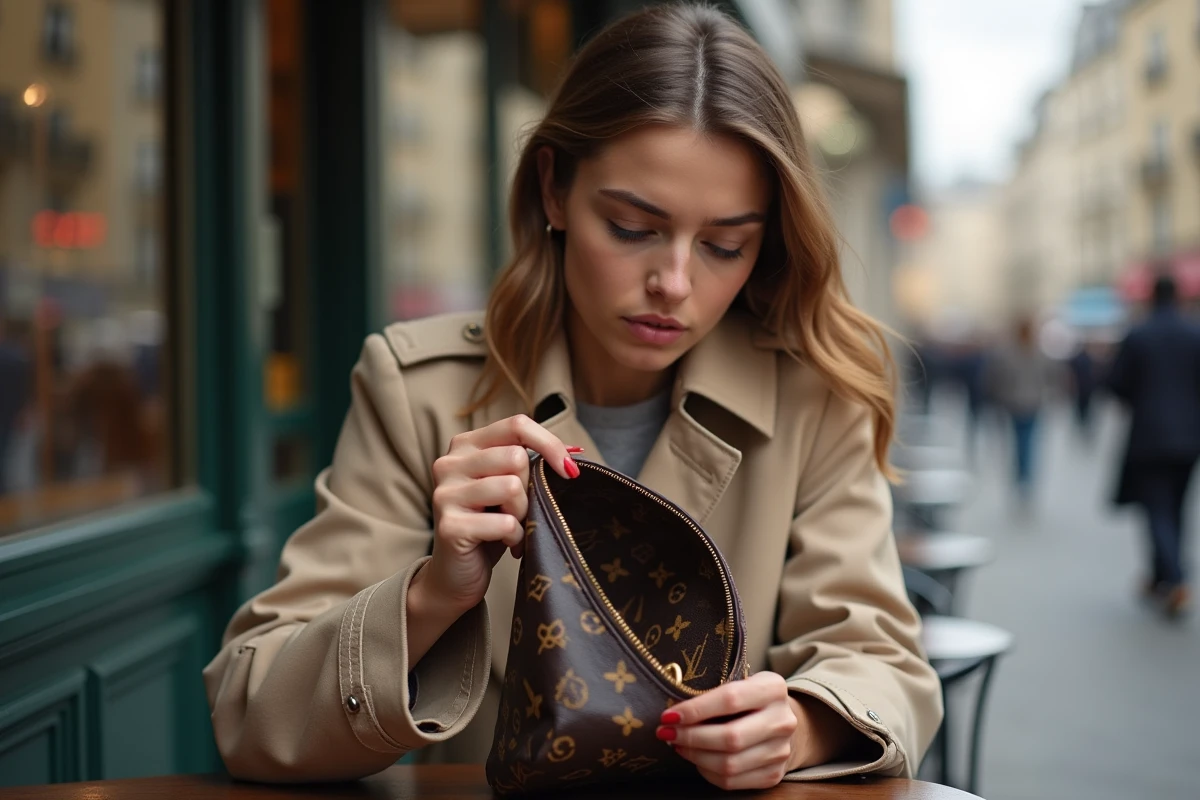Jeune femme parisienne inspectant l'intérieur d'un faux sac de luxe à la terrasse d'un café, visage préoccupé