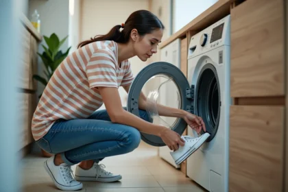 Jeune femme lave des sneakers dans la buanderie
