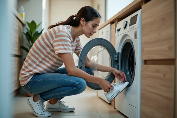 Jeune femme lave des sneakers dans la buanderie